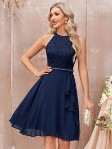 MIUSOL Floral Lace Halter Neck Ruffle Trim Chiffon Prom Party Swing Dress Elegant Semi Formal Wedding Guest Dress, For Birthday, Graduation, Homecoming - Navy Blue - View 6