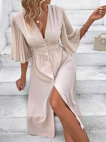 Breezaya Women's V-Neck Ruffle Bell Sleeve Dress