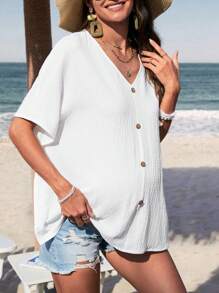 SHEIN 孕婦純色v領蝙蝠袖上衣 - 白色 - 查看 3