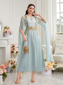 Al Najma Women's Long Sleeve Arabic Style Dress With Flower Decoration And Front Split - Mint Green - View 5