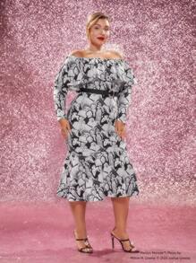 Marilyn Monroe X SHEIN Plus Figure Graphic Off Shoulder Mermaid Hem Dress - Black and White - View 6