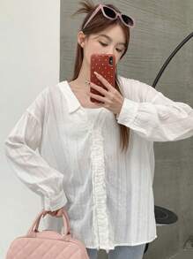 DAZY 女式宽松纯色长袖衬衫，下摆磨损，透视