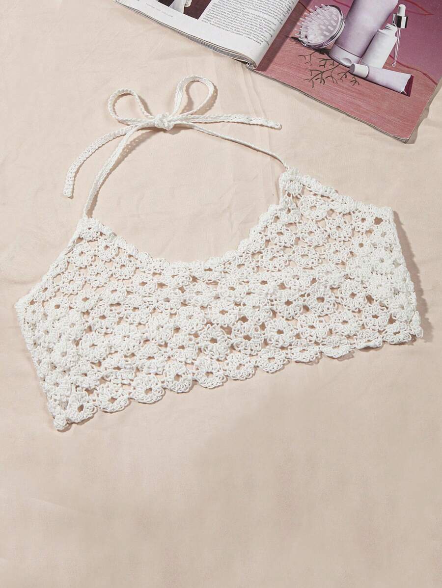 SHEIN Swim Summer Women's One Piece Knitted Cover Up Top With Back Knot And Halter Hook - White - View 1