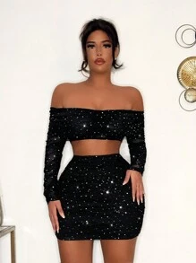 SHEIN SXY Sexy Valentinstag Party Glitzer Mesh Pailletten Schwarzes Crop Top Prom Schwarzer Rock Frauen Zweiteilige Sets - Schwarz - Übersicht 1