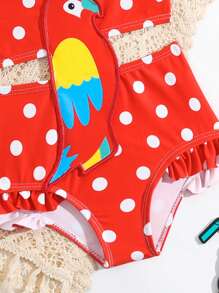 Baby Girl Polka Dot & Bird Print Applique Ruffle One-Piece Swimsuit - Multicolor - View 4