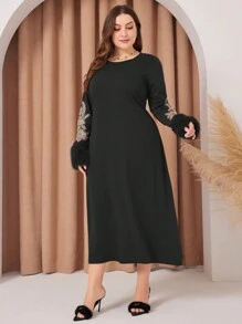Al Najma Plus Size Round Neck Lantern Sleeve Dress - Black - View 3