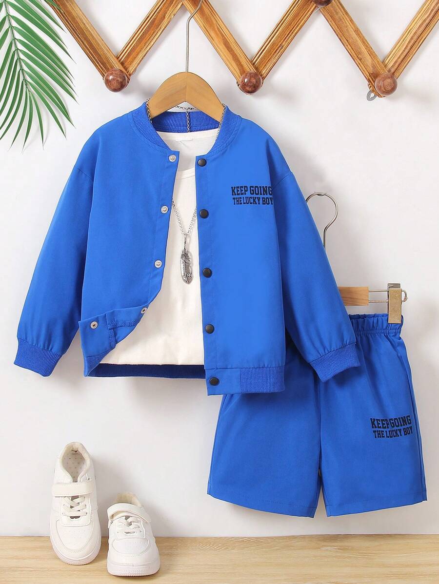 SHEIN 青少年男孩字母印花棒球夾克和短褲套裝 - 水鴨藍 - 查看 1
