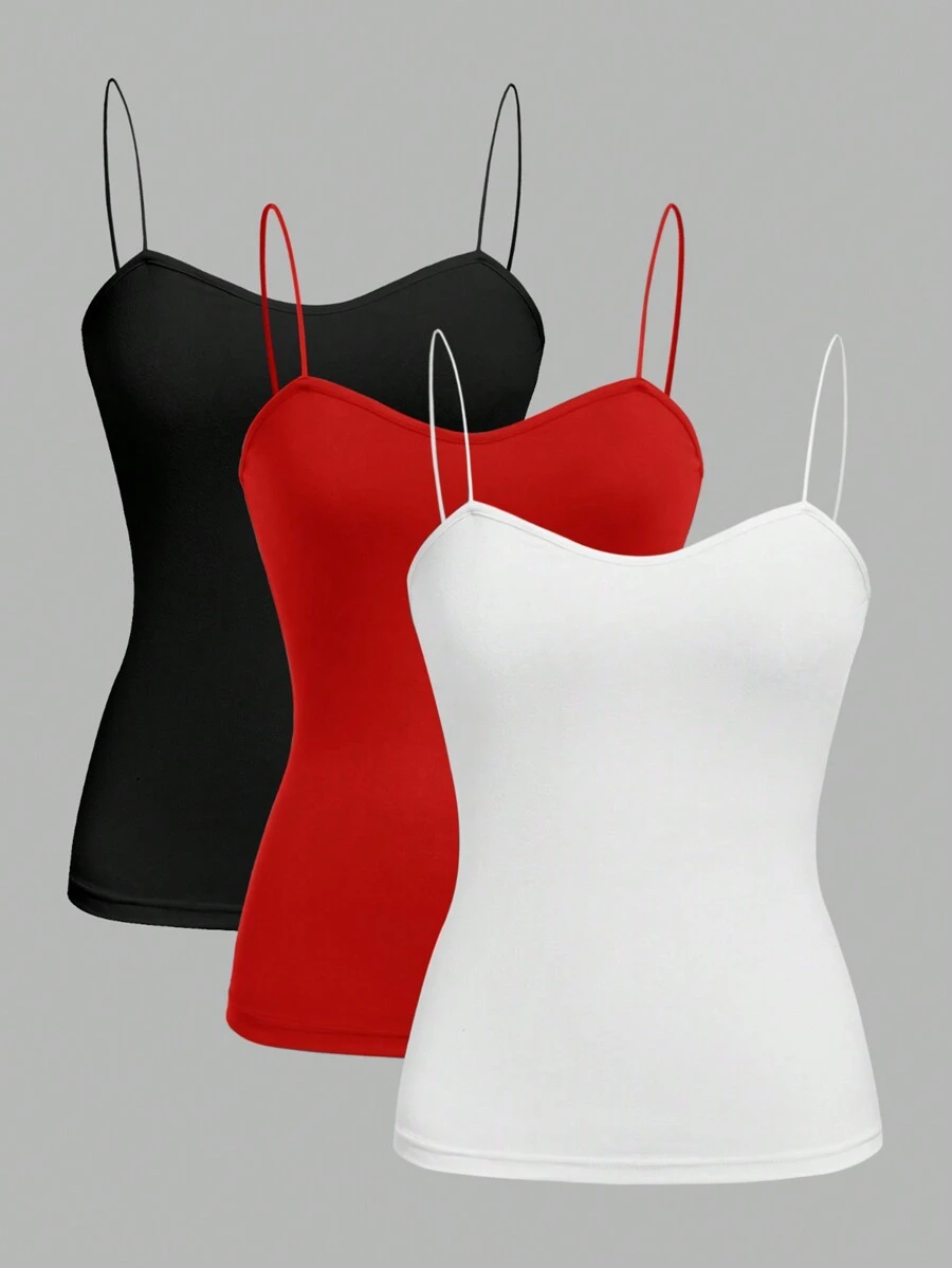 SHEIN EZwear 3入組休閒修身款吊帶背心，適合夏季，女士無袖背心 - 彩色 - 查看 1