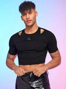 FeverCity Men's Solid Color Knitted Hollow Out Crop Top T-Shirt - Black - View 4