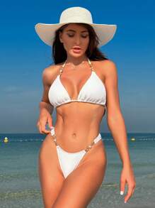 SHEIN Swim Solid Color Bikini Set, Chain Decor Two Piece Bikini Swimwear Bathing Suit Beach Outfit Summer Vacation - White - View 7