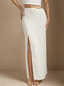 SHEIN BAE White Textured Material Asymmetrical Hollow Out High Slit Skirt - White - View 5