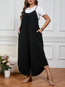 SHEIN LUNE Plus Size Solid Color Comfortable Jumpsuit With Asymmetrical Hemline And Pockets On Both Sides - Black - View 5