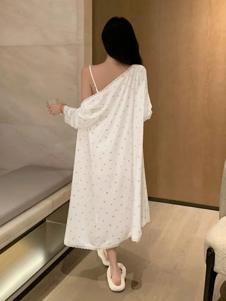 Women's Contrast Floral Lace Sleep Dress And Robe Set For Sleepwear White Pajama Set, Fall Winter Clothes