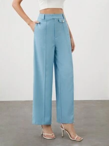 BizChic 女款純色斜口袋西裝褲 - 藍色 - 查看 7