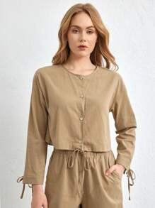 Ocili 女性下垂肩袖家居短款上衣 - 卡其色 - 查看 6