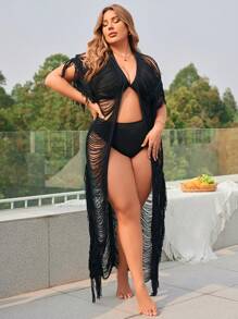 SHEIN Swim Curve Kích thước lớn 1pc Chi tiết tua rua màu trơn Kimono cũ Lễ hội âm nhạc mùa hè - màu đen - Xem 5