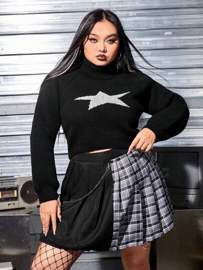 Grunge Punk Plus Size Star Pattern Long Sleeve Sweater