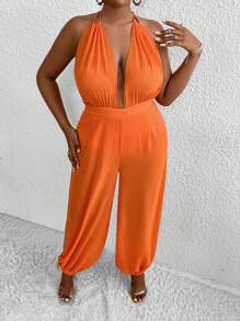 Flirla Plus Size Women's Pleated Halter Neck Jumpsuit - Burnt Orange - View 4