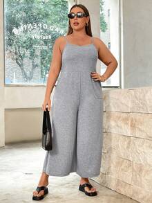 SHEIN Essnce 女士大尺碼夏季休閒寬鬆吊帶連體褲女裝 - 灰色 - 查看 6