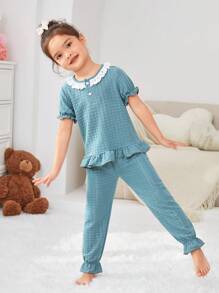 女童紋理荷葉邊泡泡袖家居服套裝