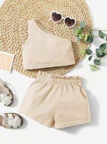 SHEIN Baby Girl Asymmetrical Shoulder Solid Color Sleeveless Top And Shorts Two Pieces Set
