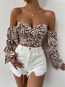 Chiquease Women's Off Shoulder Short Cropped Top With Random Print And Lantern Sleeves - Coffee Brown - View 3