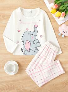 年轻女孩可爱兔子和心形图案长袖裤家居服套装，秋冬季可爱睡衣女孩睡衣套装