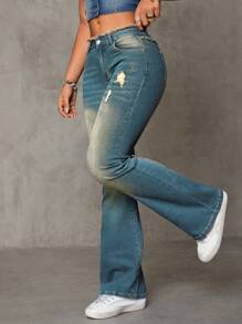 SHEIN ICON Eo thấp Phong cách Vintage Frayed Hem Nước Denim mùa giặt Quần jean loe - Rửa trung bình - Xem 3