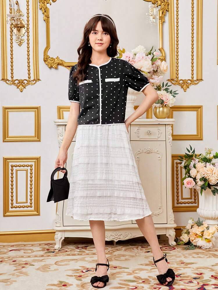 Teen Girls' Polka Dot Short Sleeve Casual Top And Pleated Skirt 2pcs/Set