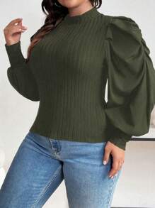 Flirla 大尺碼女士泡泡袖肋織立領上衣 - 軍綠色 - 查看 4