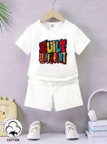 2入組嬰兒男童休閒日常簡單字母印花上衣及純色短褲,適用於春夏季節 - 米色 - 查看 1