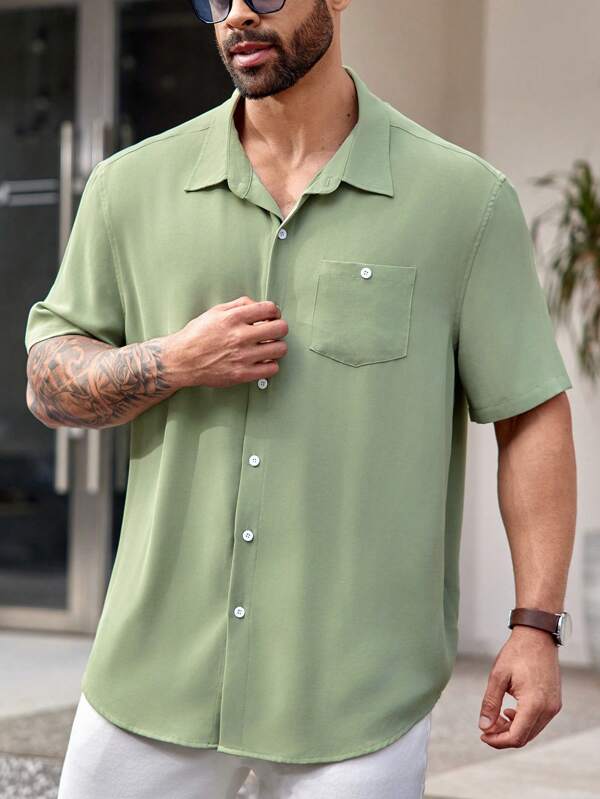 EASEVO Men's Plus Size Woven Casual Short Sleeve Shirt, Button Up Plain Forest Green Shirt Green Men Shirtgreen Shirt For Men