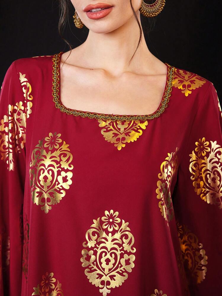 Women's Golden Printed Floral Patchwork Fringe Hem Cuff Dress