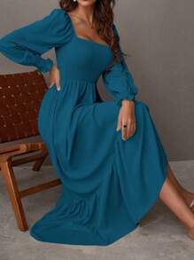 Breezaya Square Neck Flounce Sleeve Ruffle Hem Dress - Teal Blue - View 1