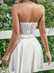 Zolique 女士純色蕾絲交叉肩帶無肩帶上衣