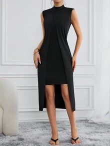 SHEIN Essnce Ladies Casual & Commute Style Double Layered Front With Side Slit Dress - Black - View 6