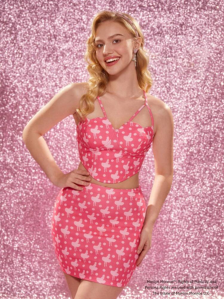 Character & Polka Dot Print Two Piece Set With Cami Top And Skirt
