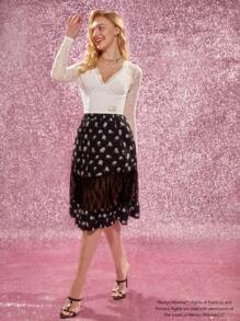 Marilyn Monroe X SHEIN V-Neck Lace Panel T-Shirt - White - View 3