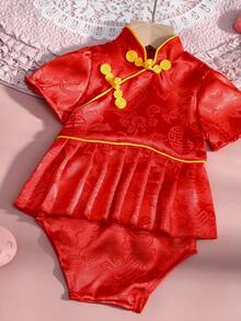 SHEIN 女婴中国新年红色唐装摄影服装，适合婴儿一个月庆典或百天庆典 - 紅色 - 查看 7