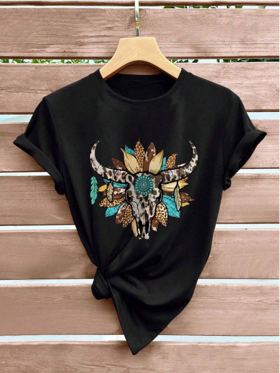 shein-lune-plus-size-ram-skull-with-flower-print-t-shirt-graphic-tees