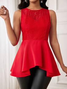 SHEIN Lady 女性實色不對稱圓角衫,配有蕾絲拼接 - 紅色 - 查看 1