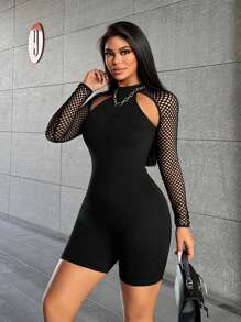 SHEIN SXY Bộ đồ liền thân bó sát màu trơn dành cho nữ Unitard Trang phục mùa hè Lưới đen gợi cảm Trang phục buổi hòa nhạc tương phản - màu đen - Xem 3