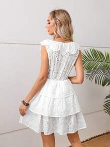 GENKIRA 女士純色中空刺繡裙,帶褶邊下擺 - 白色 - 查看 2