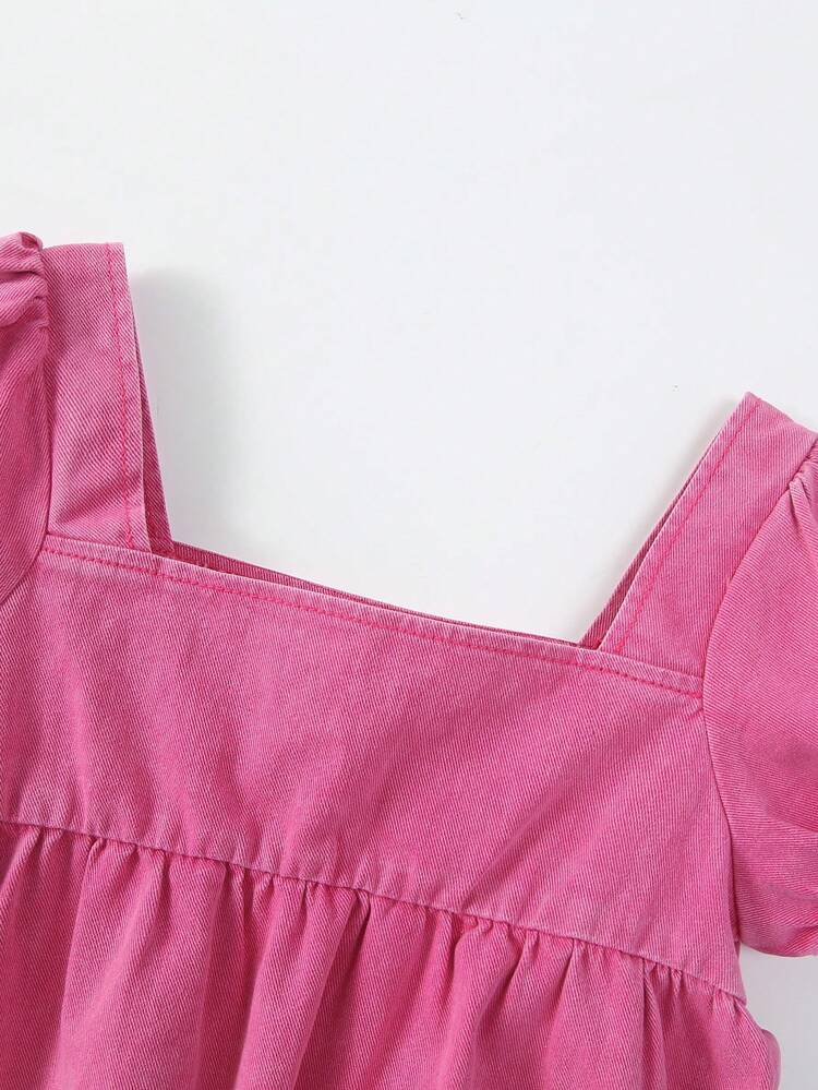 Teen Girls' Stylish Square Neck Puff Sleeve Loose Comfortable Pink Crop Top