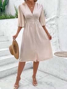 Breezaya Women's V-Neck Ruffle Bell Sleeve Dress