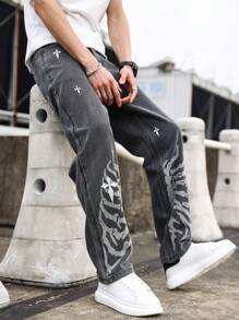 Manfinity LEGND Quần Jean Denim Nam Có Họa Tiết Logo Chữ Thập Và Túi Xéo Baggy Long Washed Dark Jean Cargo Đồ Họa Xám Trơn Đi Làm Dạo Phố Bạn Bè - màu đen - Xem 7