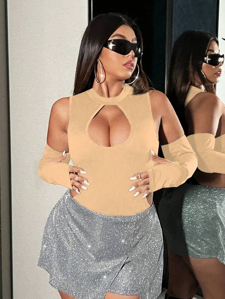 Plus Size Women's Solid Color Hollow Out Bodysuit