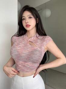 DAZY Top Corto De Mangas Cortas Con Degradado, Huecos Y Abroche Decorativo - Rosa - Ver 1