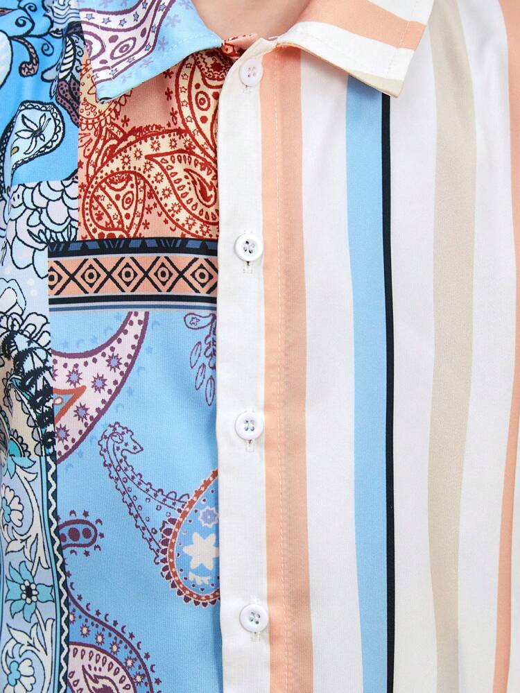 2pcs/Set Young Boys' Casual, Sports, Academy, Holiday, Cute Dopamine & Paisley & Striped Loose Drop-Shoulder Short Sleeve Shirt And Shorts Suitable For Daily Wear, Vacation, Spring And Summer Seasons