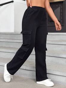 Y2K Multi Flap Pocket Straight Leg Elastic Waistband Cargo Jeans For Women - Black - View 3